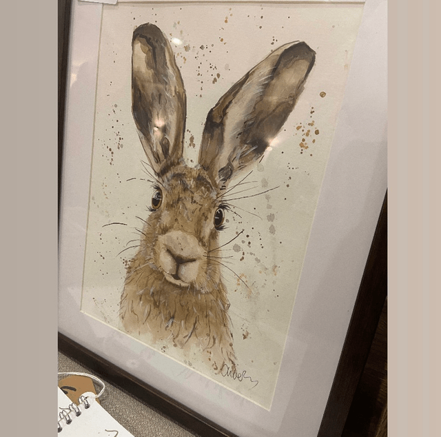Original ‘Harrison’ the Hare A4 painting in dark wood frame 