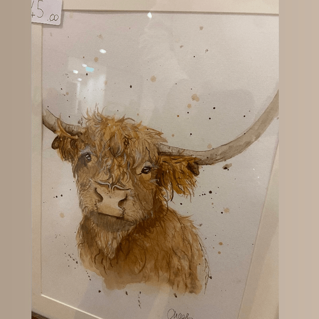 Original ‘Hamish’ highland cow painting in dark wood frame 