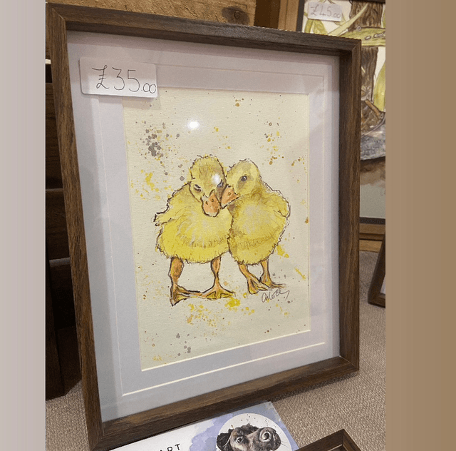 Original Chicks A5 painting in dark wood frame 