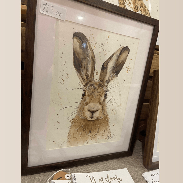 Original ‘Harrison’ the Hare A4 painting in dark wood frame 
