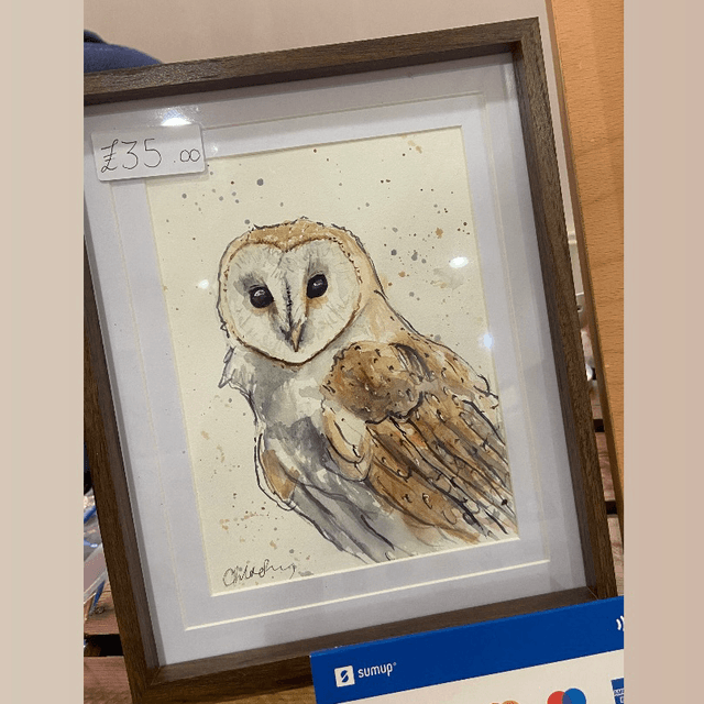 Original ‘Barney’ the Barn Owl A5 print in dark wood effect frame 