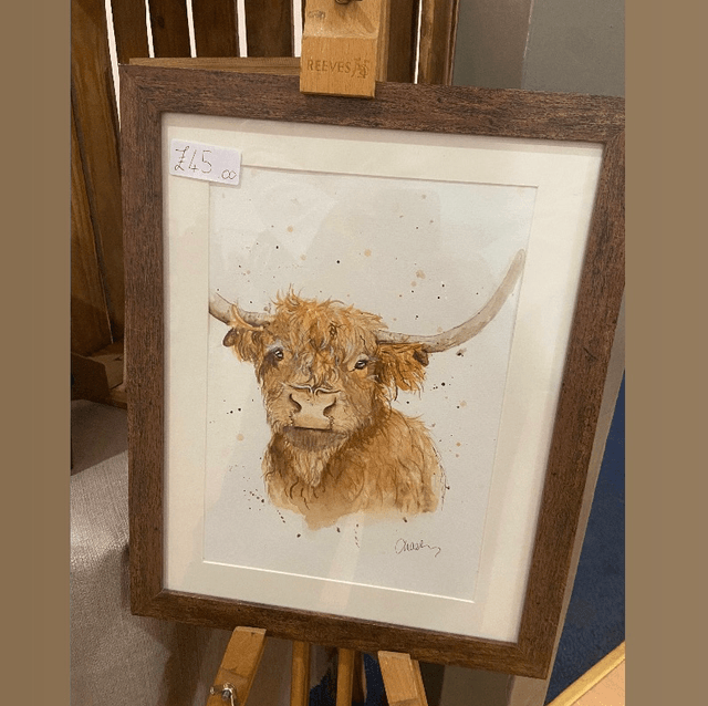 Original ‘Hamish’ highland cow painting in dark wood frame 