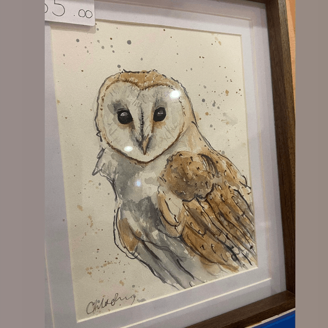 Original ‘Barney’ the Barn Owl A5 print in dark wood effect frame 