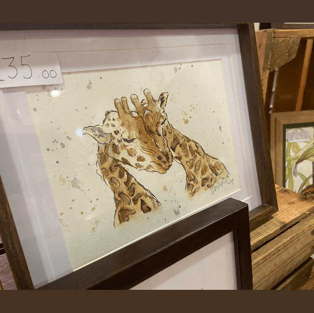Original ‘Giraffes’ A5 painting in dark wood frame 