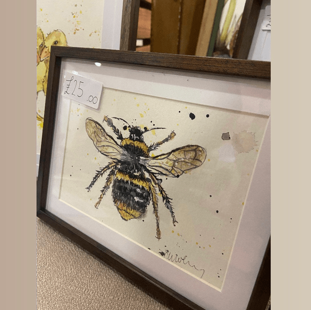 Original Honey Bee 5 x 7 framed painting in dark wood frame 