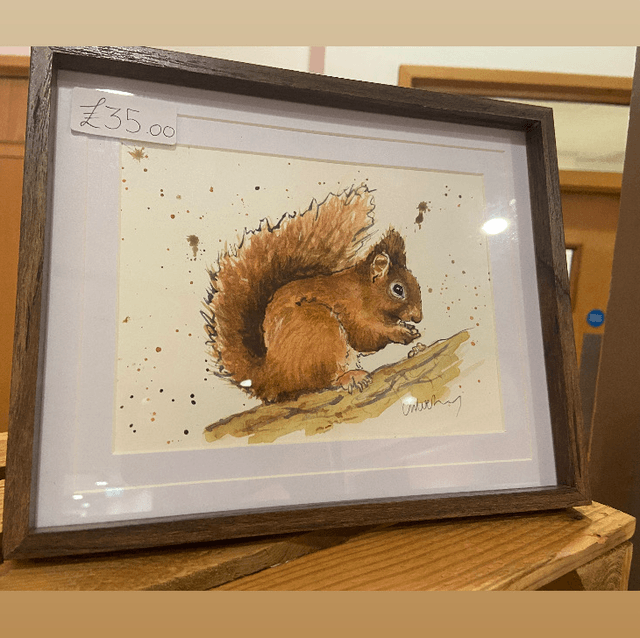 Original ‘Rufus’ the red squirrel A5 painting in dark wood frame 