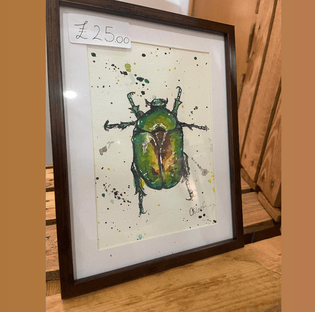 Original ‘Benson’ the Beetle 5 x 7 painting in dark wood frame 